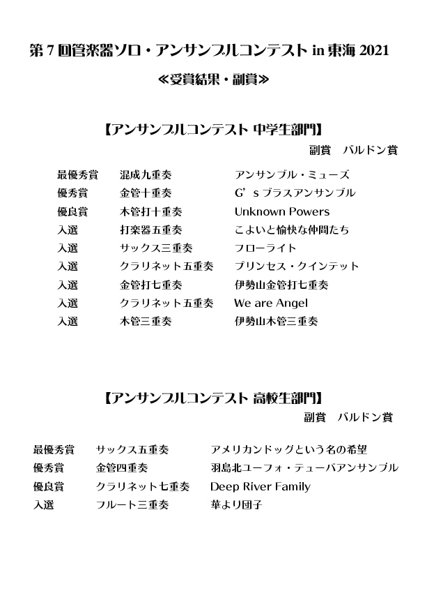 第7回管楽器ソロ アンサンブルコンテストin東海2021 本選結果発表 管楽器専門店 バルドン フィルステージ 名古屋グローバルゲート店